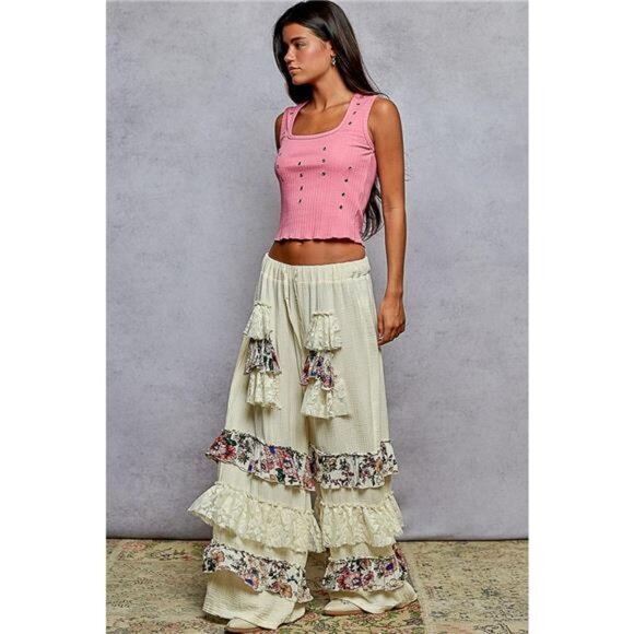 POL Drawstring Double Gauze Wide Leg Pants with Print and Lace Ruffle - Picture 5 of 5